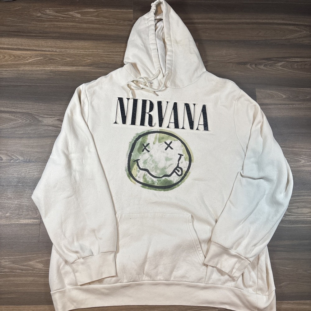 Nirvana Smiley Face Graphic Hoodie Light Tan Size 3XL
